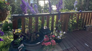 A wooden deck with potted plants and flowers. - Lakefront home on McGregor Lake<br>Marion, Montana  (Marion)
