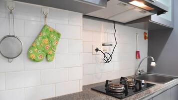 Fridge, stovetop, cookware/dishes/utensils