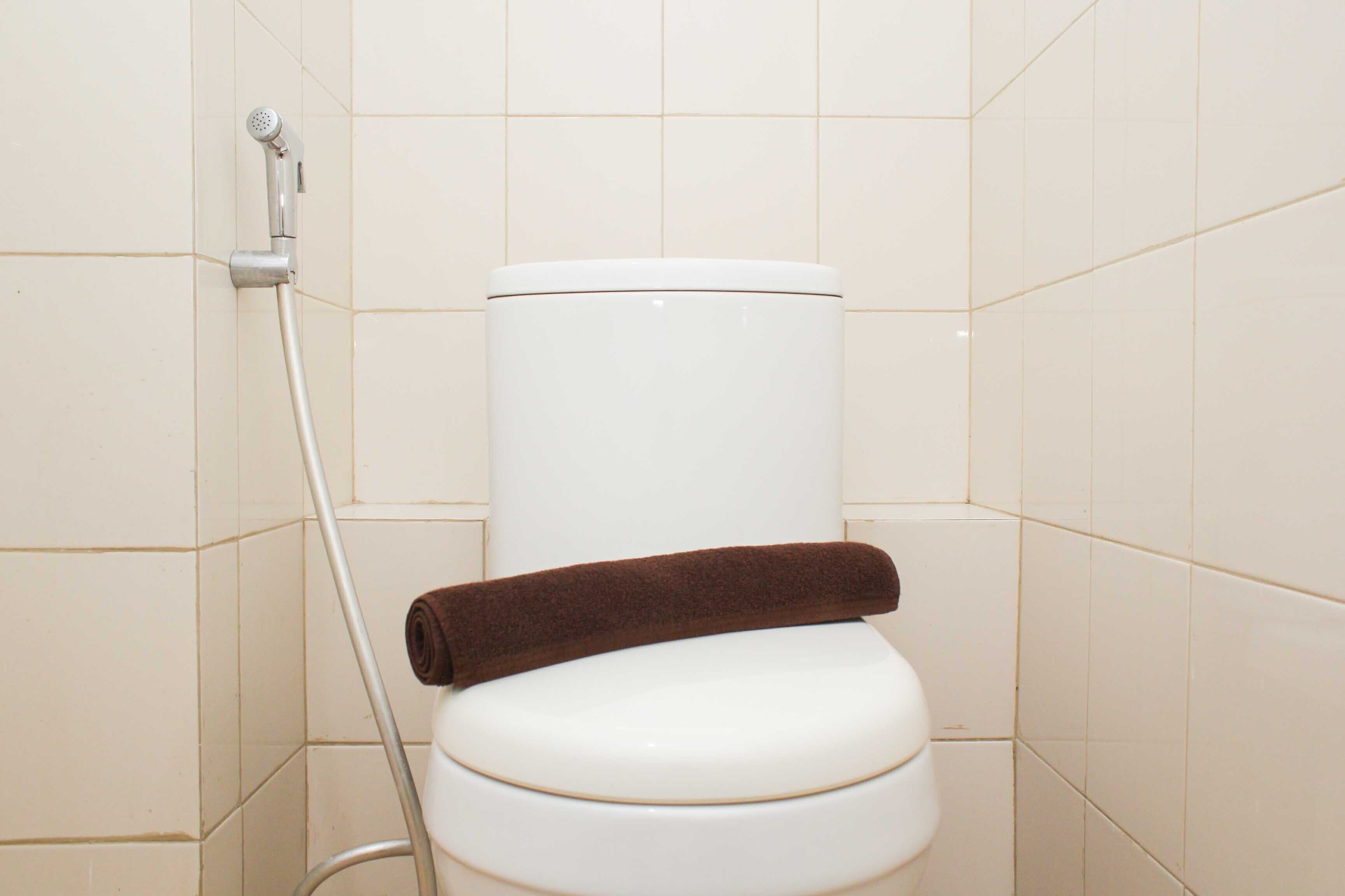 Un water bianco con un asciugamano marrone, una doccetta e pareti rivestite di piastrelle color beige.