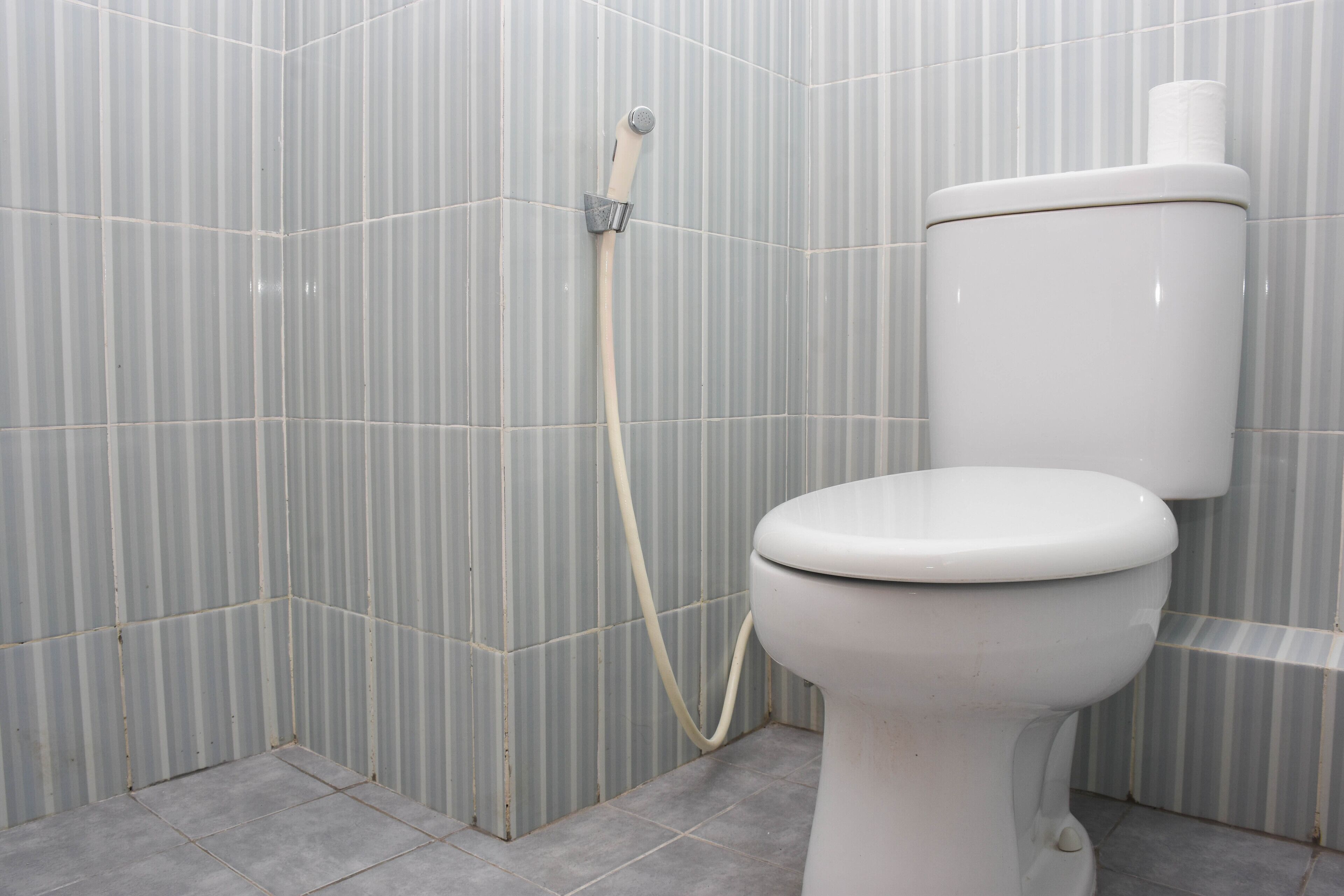 Un baño con inodoro, ducha y paredes de azulejos.