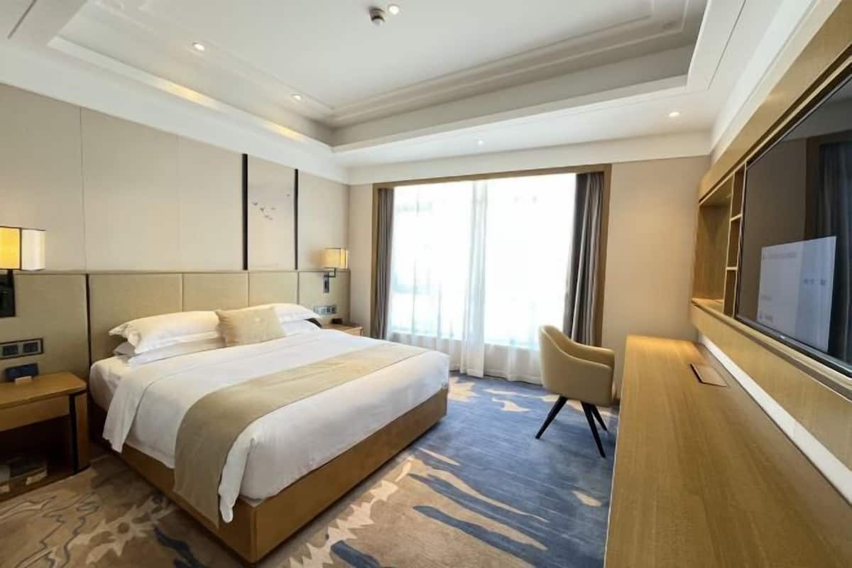 Una habitación de hotel con una cama grande, un escritorio, una silla, un televisor y una ventana con cortinas.