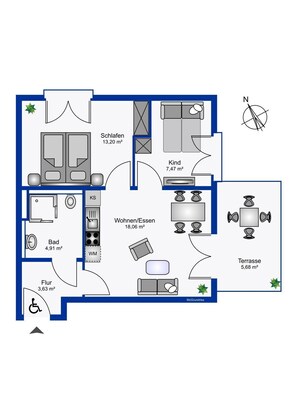 Een plattegrond met een woonkamer, keuken, badkamer en balkon.