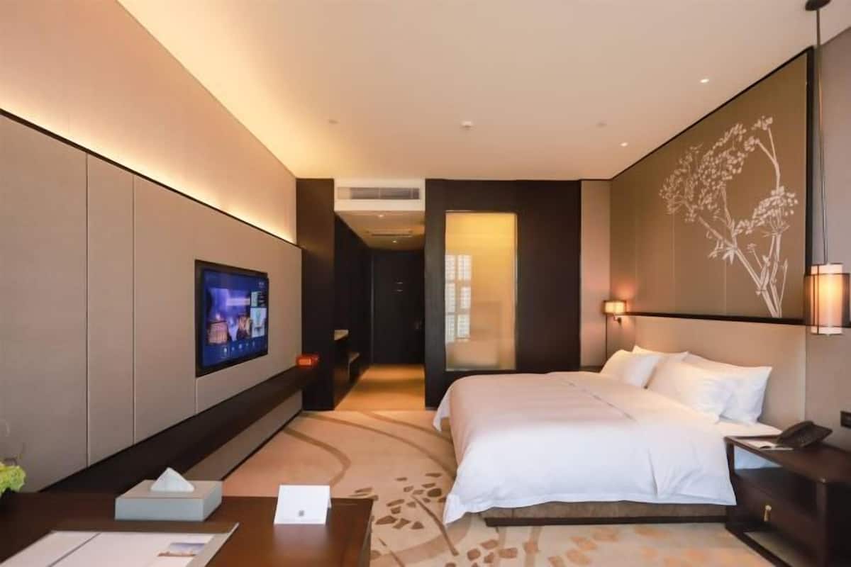 Une chambre d’hôtel moderne dotée d’un grand lit, d’un téléviseur à écran plat fixé au mur, d’une table de chevet avec une lampe et d’un élément décoratif mural.