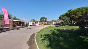 A train station platform with a clear sky, a grassy area, and several wooden buildings with pink flags. - Mobile Home (Lattes)