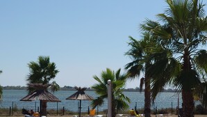 A beach with palm trees, a thatched-roof hut, and a clear view of the water. - Mobile Home (Lattes)