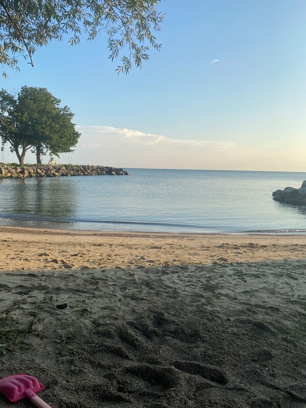 A beach with a rocky outcrop, a tree, and a clear sky.