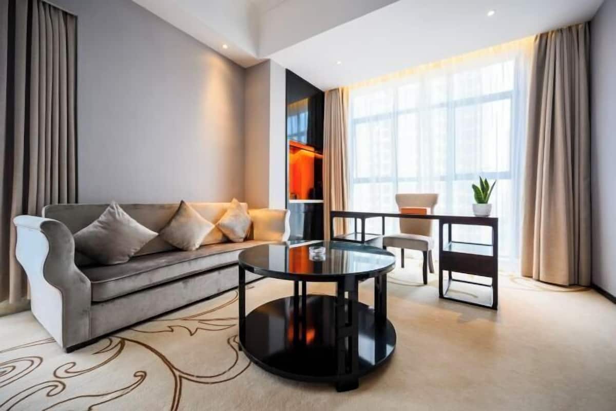 Un salon moderne avec un canapé gris, une table basse en verre et une petite table d’appoint sur laquelle est posée une plante.