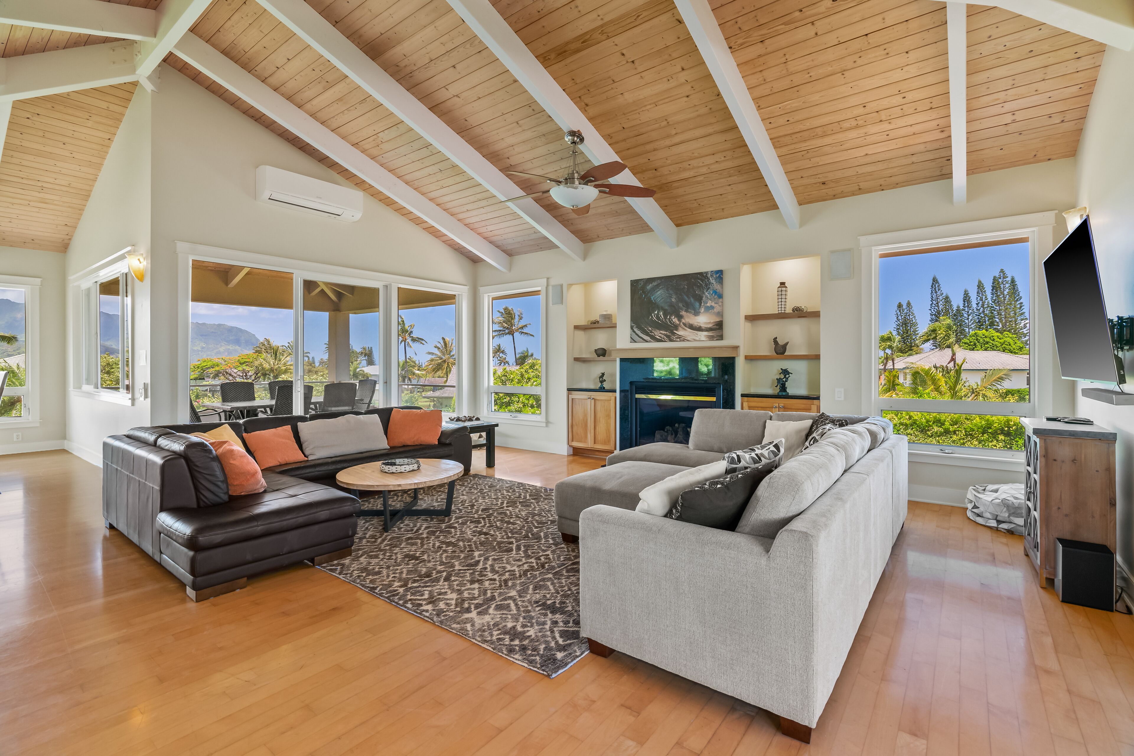 Smart TV, fireplace, DVD player, books