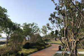 A pathway with trees and shrubs, leading towards a body of water. - Ruili Bund Hotel (Rui'an)