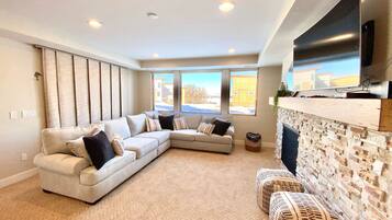 Smart TV, fireplace, video games, DVD player