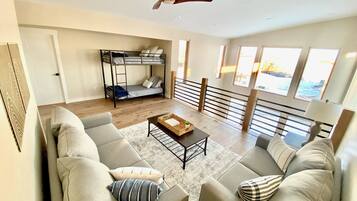 Smart TV, fireplace, video games, DVD player