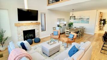 Smart TV, fireplace, video games, DVD player