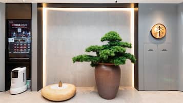 A reception area with a digital display, a large potted plant, a wooden stool, and a sign with Chinese characters.