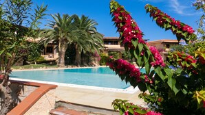 A swimming pool surrounded by lush greenery and palm trees, with a clear blue sky above. - Blue&green House With Shared Pool (Golfo Aranci)