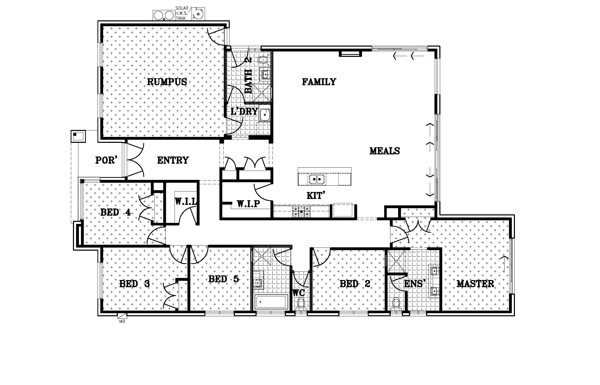 Un plan d’étage d’un hôtel indiquant les différentes pièces, notamment une suite principale, des chambres familiales et une cuisine.