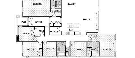Un plan d’étage d’un hôtel indiquant les différentes pièces, notamment une suite principale, des chambres familiales et une cuisine.