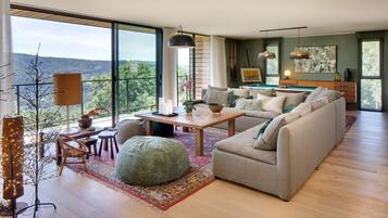 TV, fireplace, books, stereo