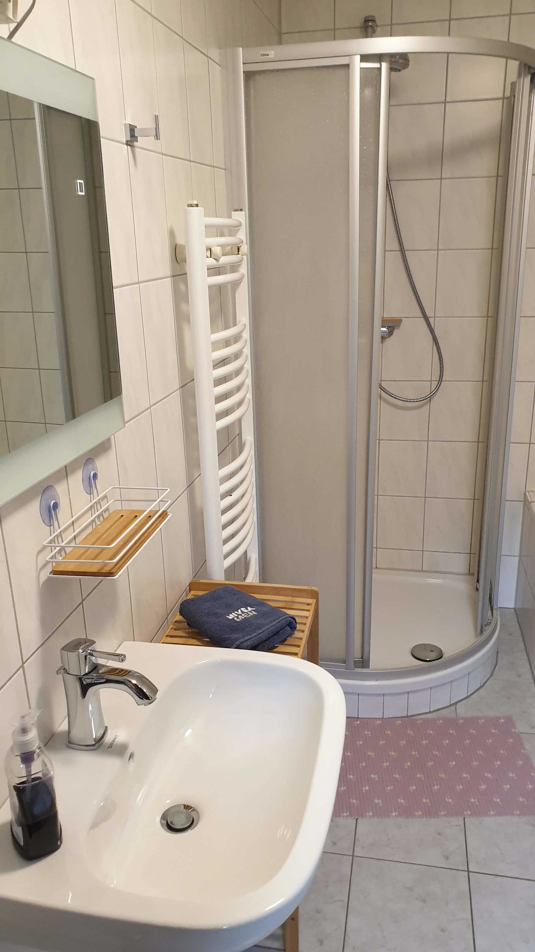 Dusche, Haartrockner, Handtücher, Toilettenpapier