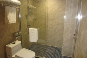Ein Badezimmer mit Toilette, einer Duschkabine mit Glastür und Fliesenboden.
