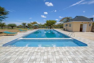 Una piscina rectangular con un bordeado de baldosas, rodeada de sillas de descanso y un pequeño edificio con techo inclinado.