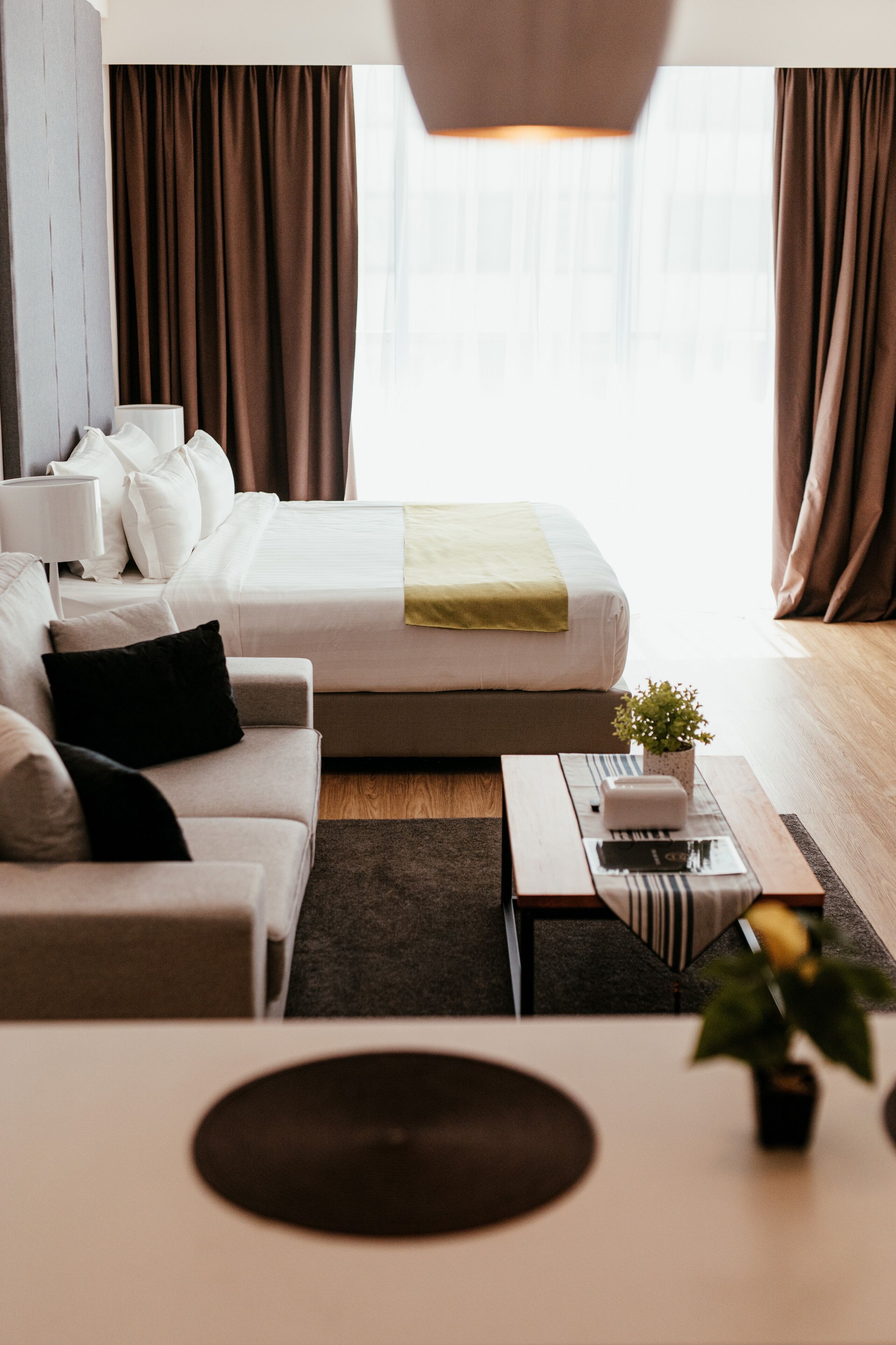 A modern hotel room with a bed, a sofa, a coffee table, and a small plant.