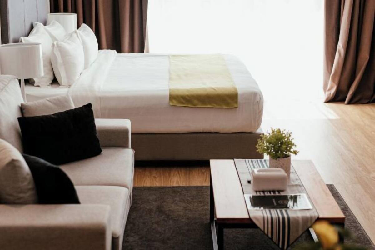 Minibar, desk, laptop workspace, blackout curtains