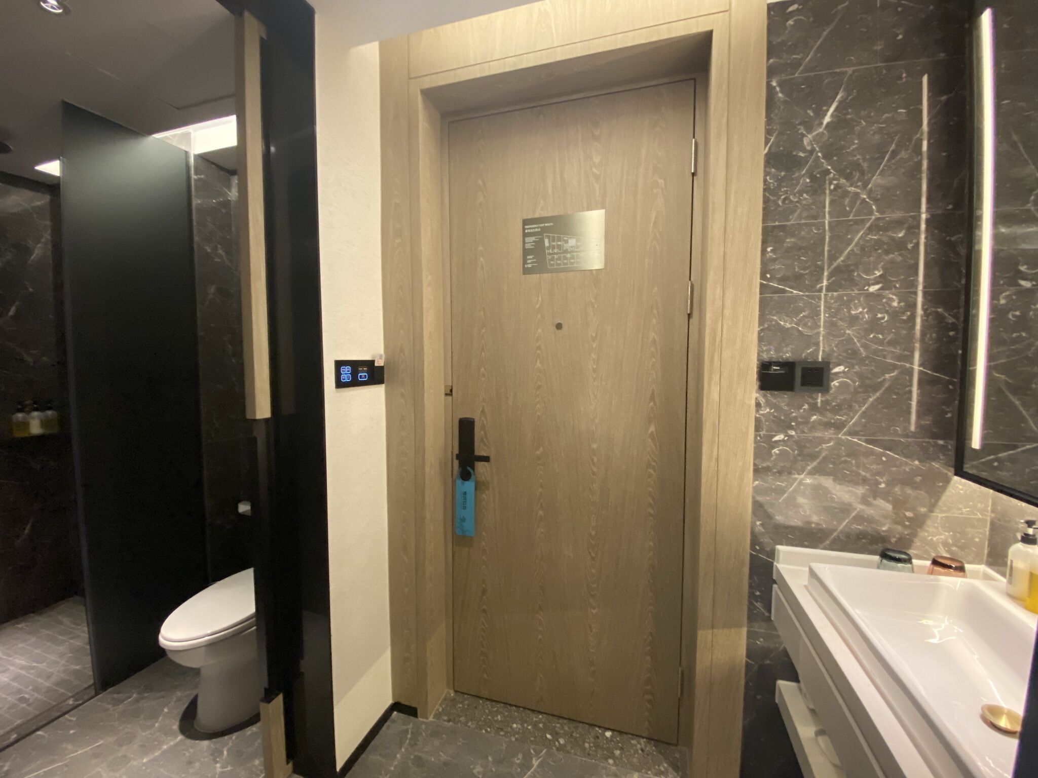 A modern bathroom with a toilet, a wooden door, a sink, and a marble wall.