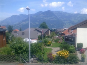 A residential area with houses, a garden, and mountains in the background.