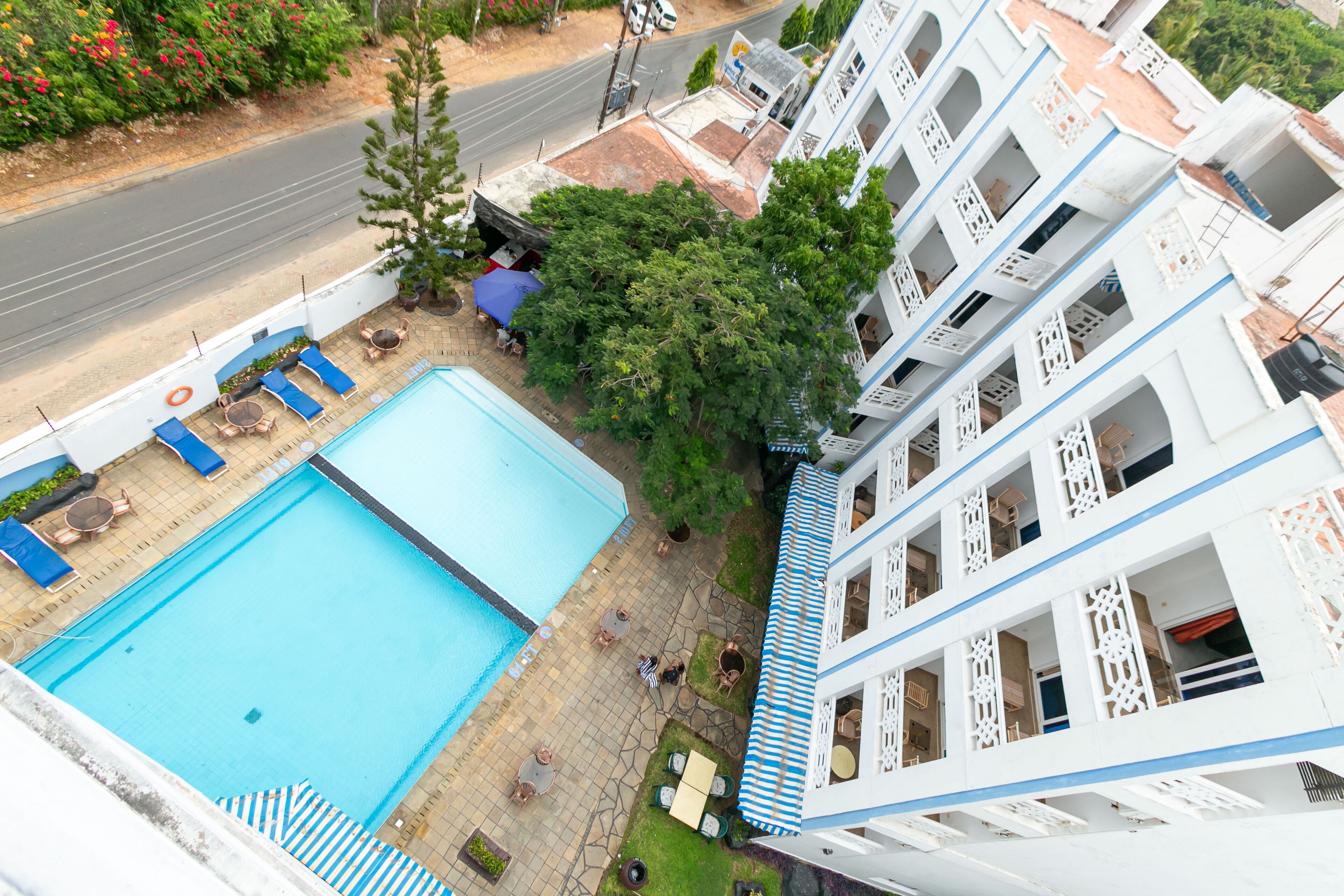 A rooftop pool with lounge chairs and a small table, surrounded by a garden and a white building with balconies.