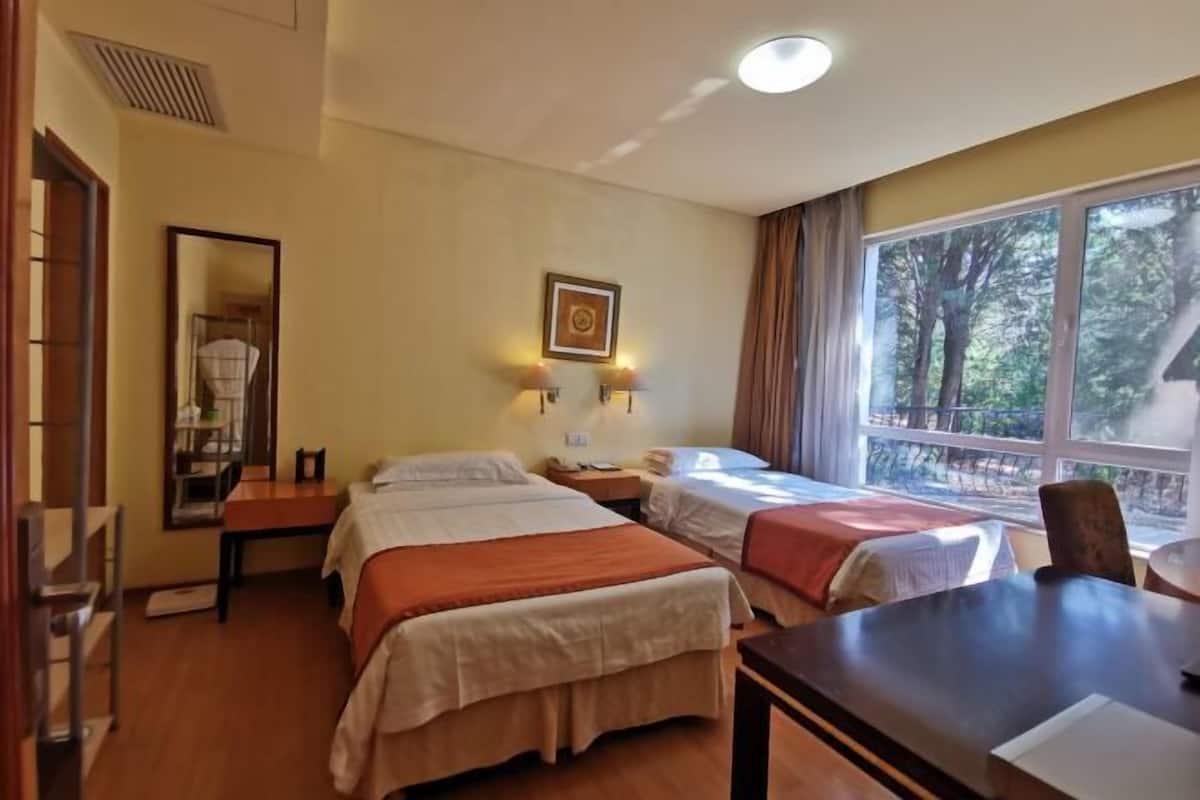 A hotel room with two beds, a desk, a chair, a window with a view of trees, and a mirror on the wall.
