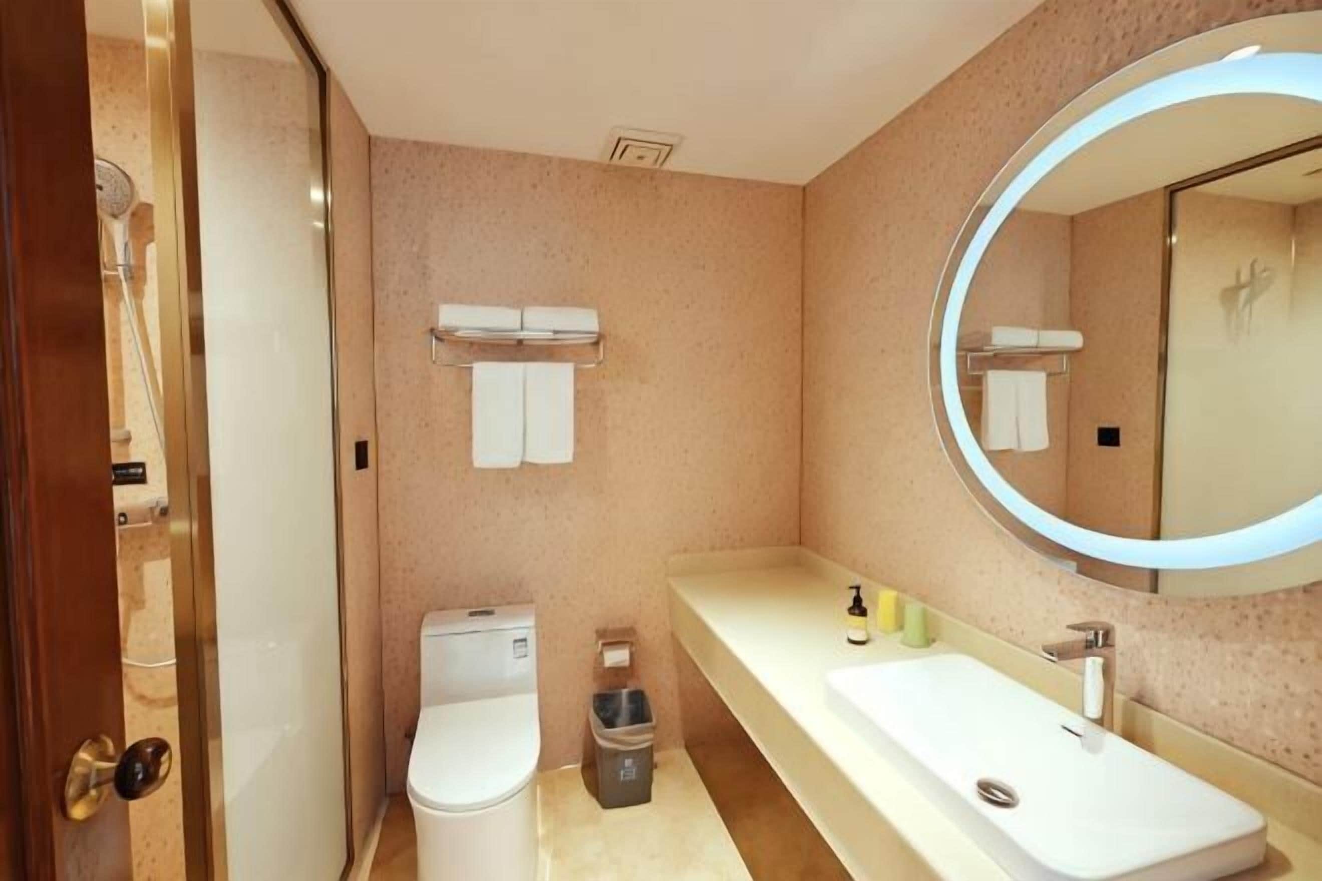 A bathroom with a toilet, sink, mirror, towel rack, and trash bin.