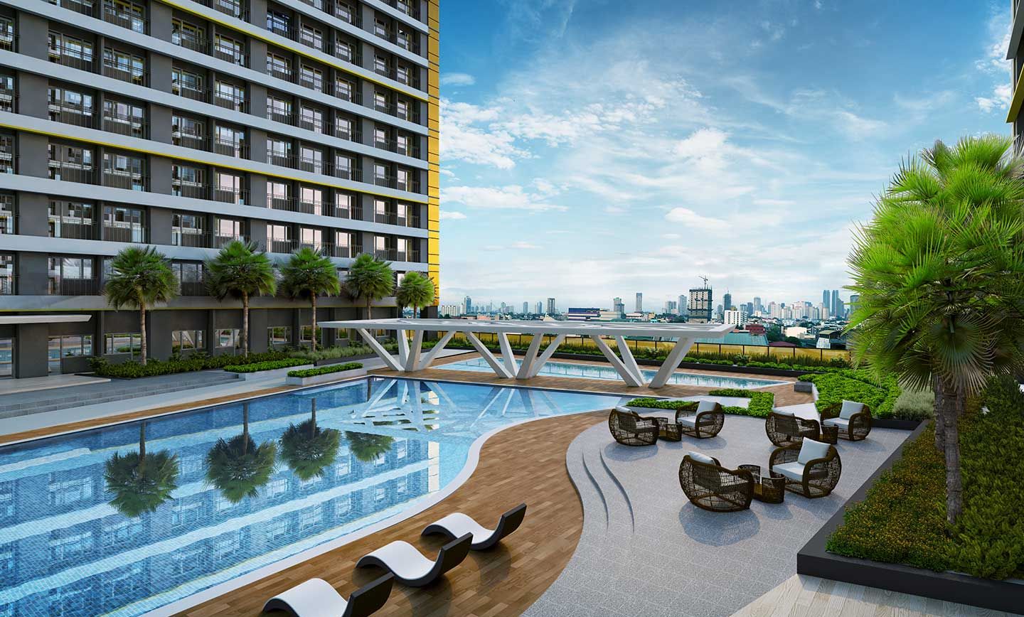 A modern hotel with a rooftop pool, lounge area, and city skyline views.