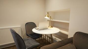 Desk, laptop workspace, soundproofing, free WiFi