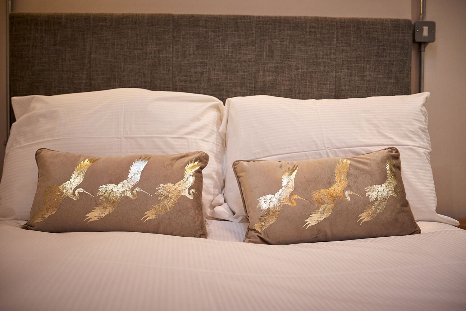 Un lit avec deux oreillers ornés de motifs d’aigles royaux, une tête de lit grise et un mur blanc avec un interrupteur.