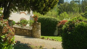 A stone pathway leading to a building with a rustic facade, surrounded by lush greenery and flowering plants. - Limoni Appartment (firenze)