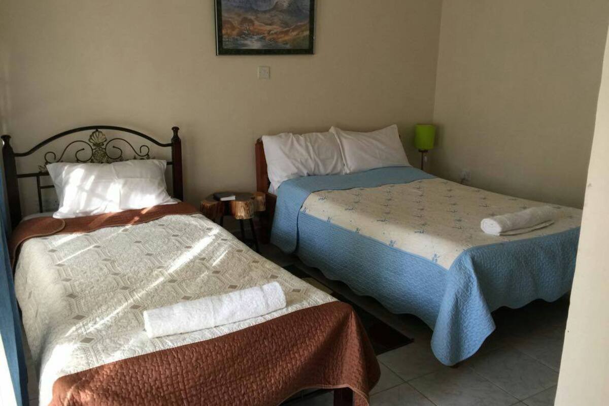 Quarto com duas camas, cada uma com cabeceira e roupa de cama em estilos diferentes.