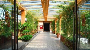Uma galeria coberta com painéis de vidro, cercada por vegetação exuberante e plantas em vasos.