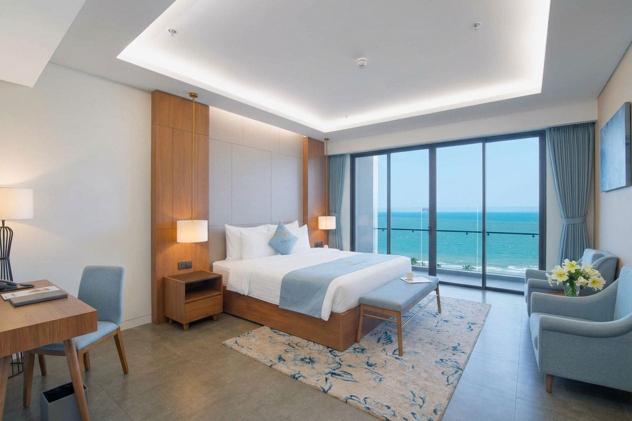A modern hotel room with a large bed, a desk, a chair, and a view of the ocean.