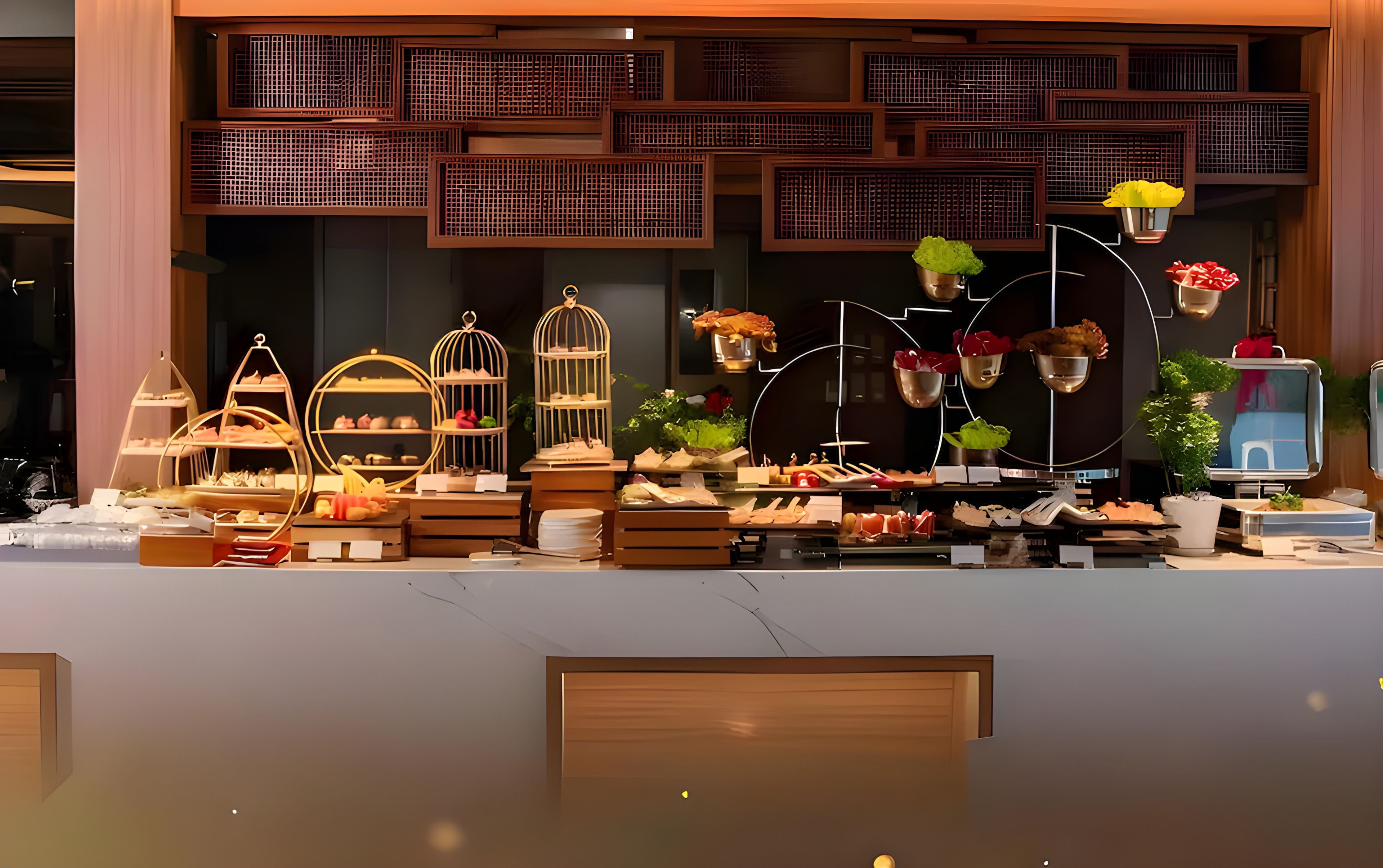 Présentation de divers produits alimentaires et d’éléments décoratifs dans un magasin.