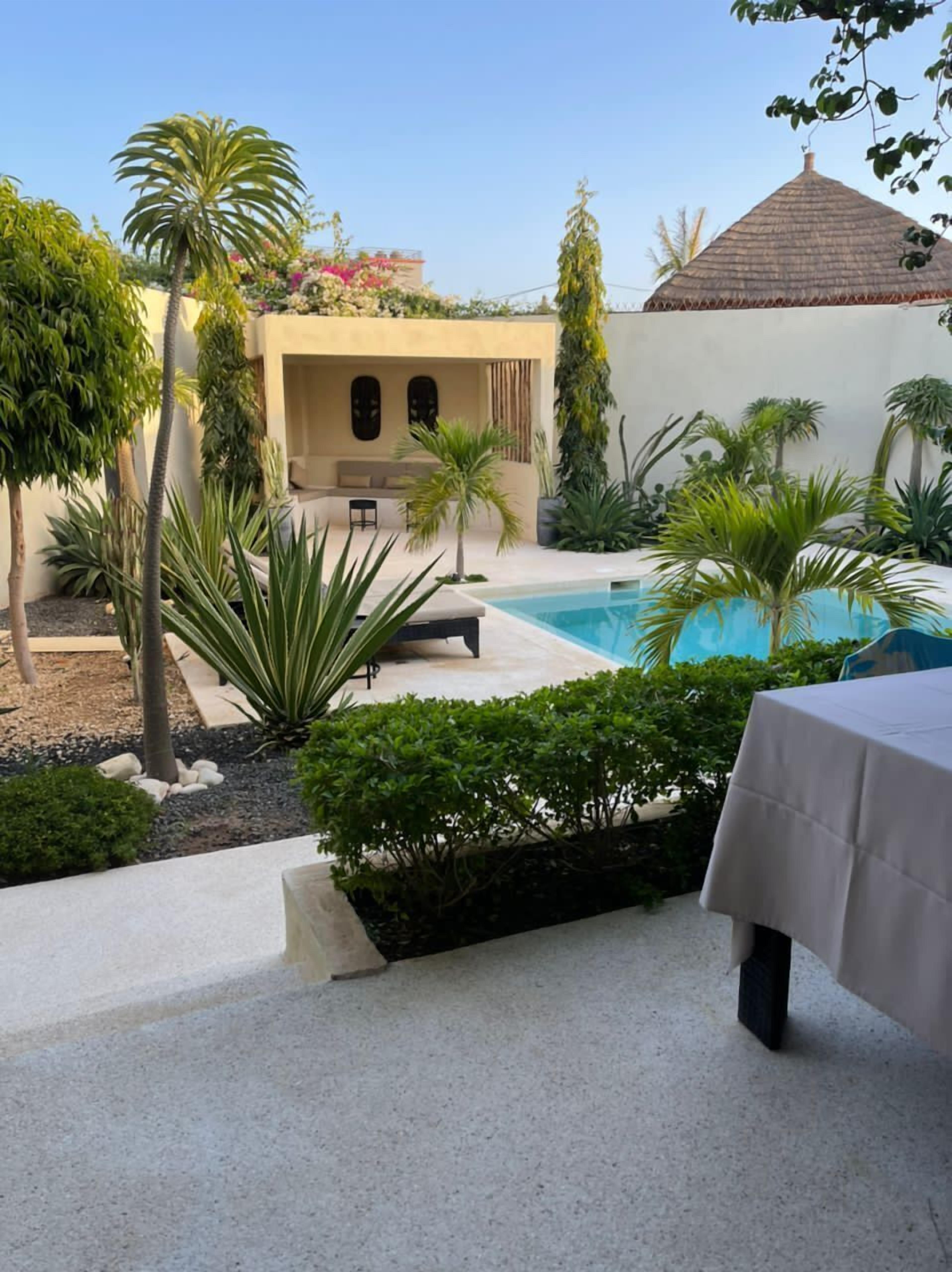A pool area with a lounge chair, a table, and various plants.