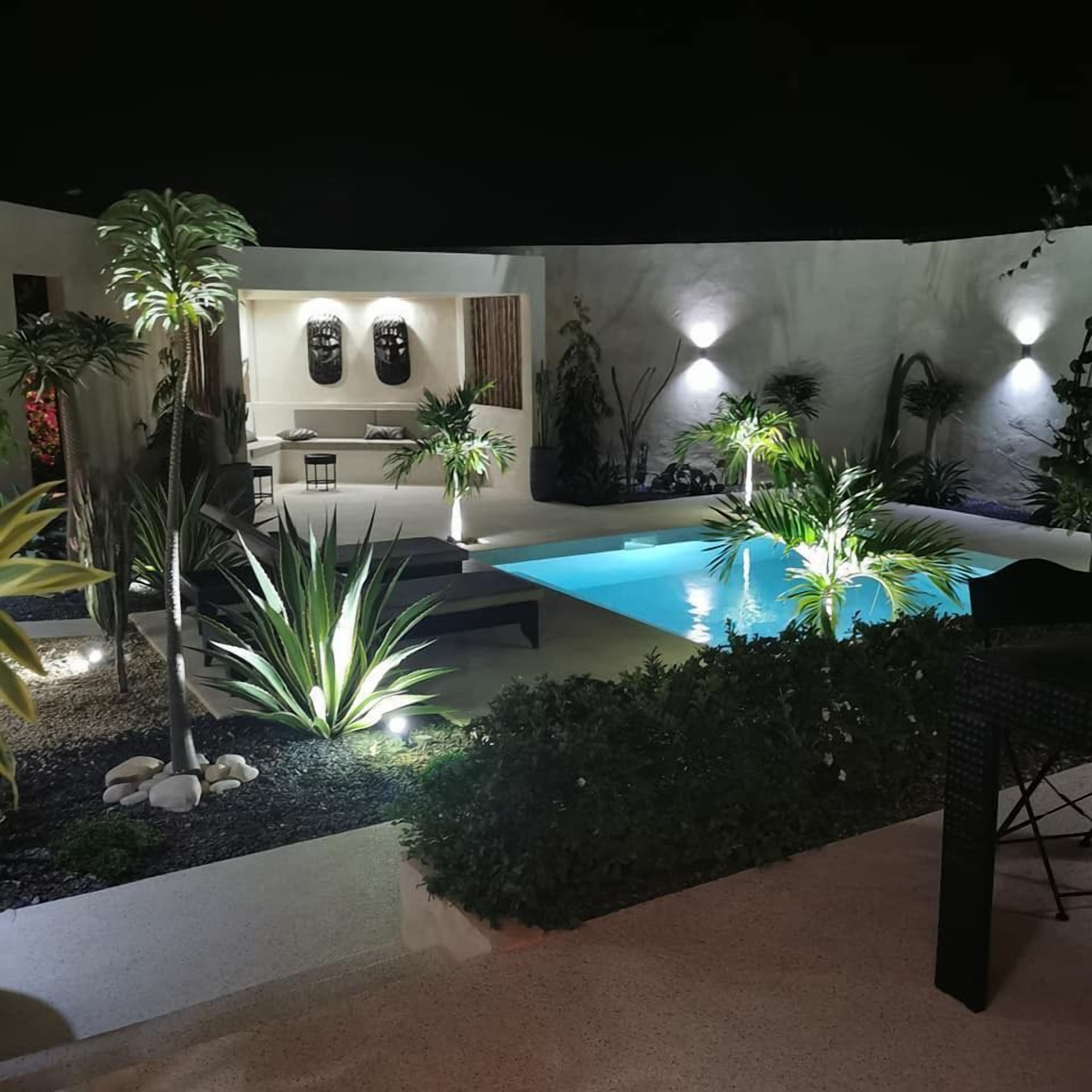 A modern outdoor pool area with a seating area and various plants.