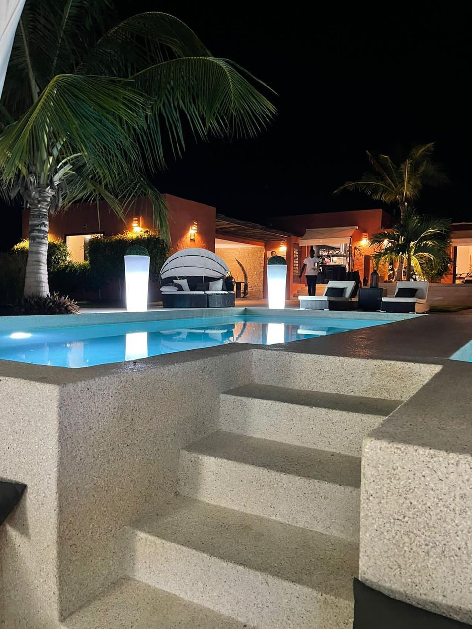 A swimming pool with steps leading up to it, surrounded by lounge chairs and palm trees.