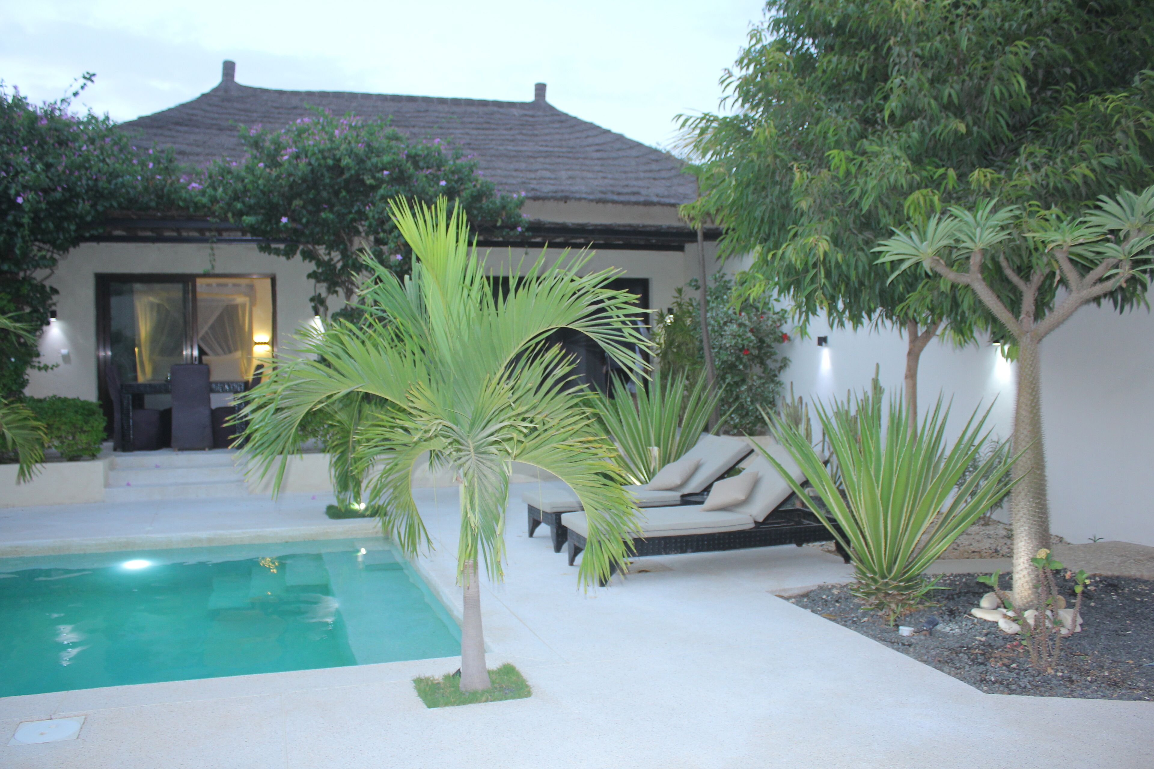 A pool area with lounge chairs and palm trees.