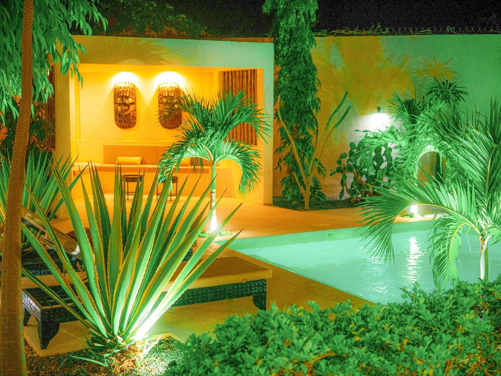 Un espacio exterior moderno con piscina, rodeado de plantas tropicales y una zona de estar con mesa y sillas.