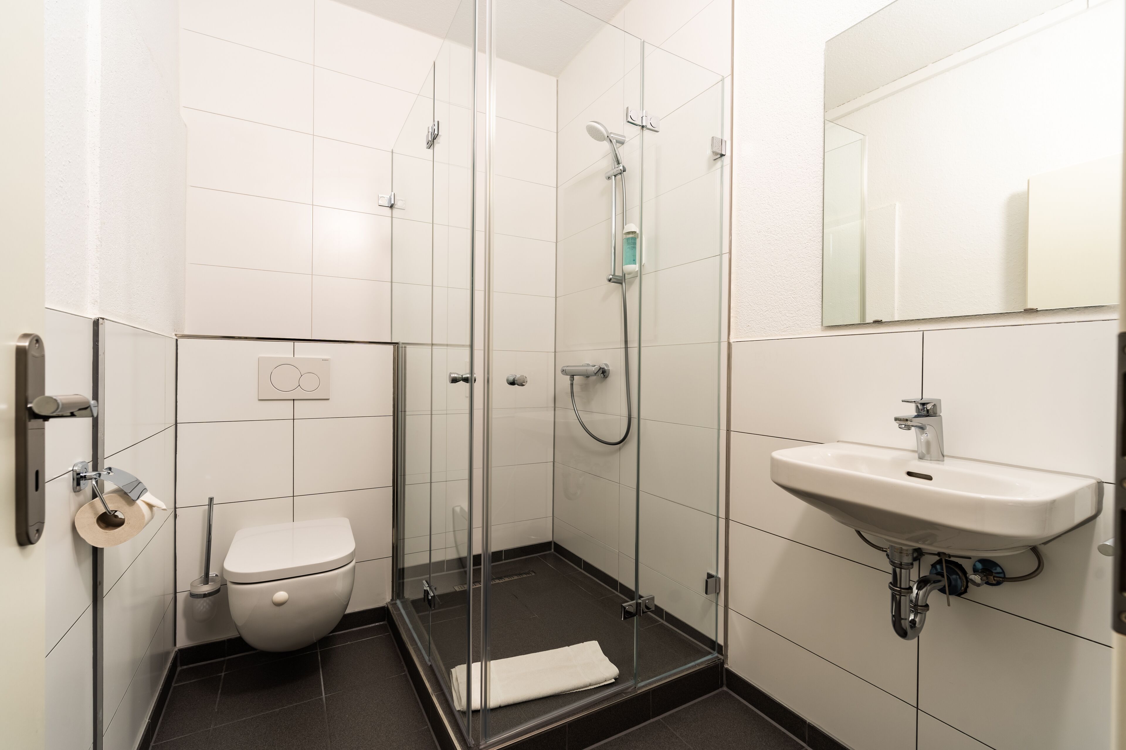 A modern bathroom with a glass-enclosed shower, a white sink, and a toilet.