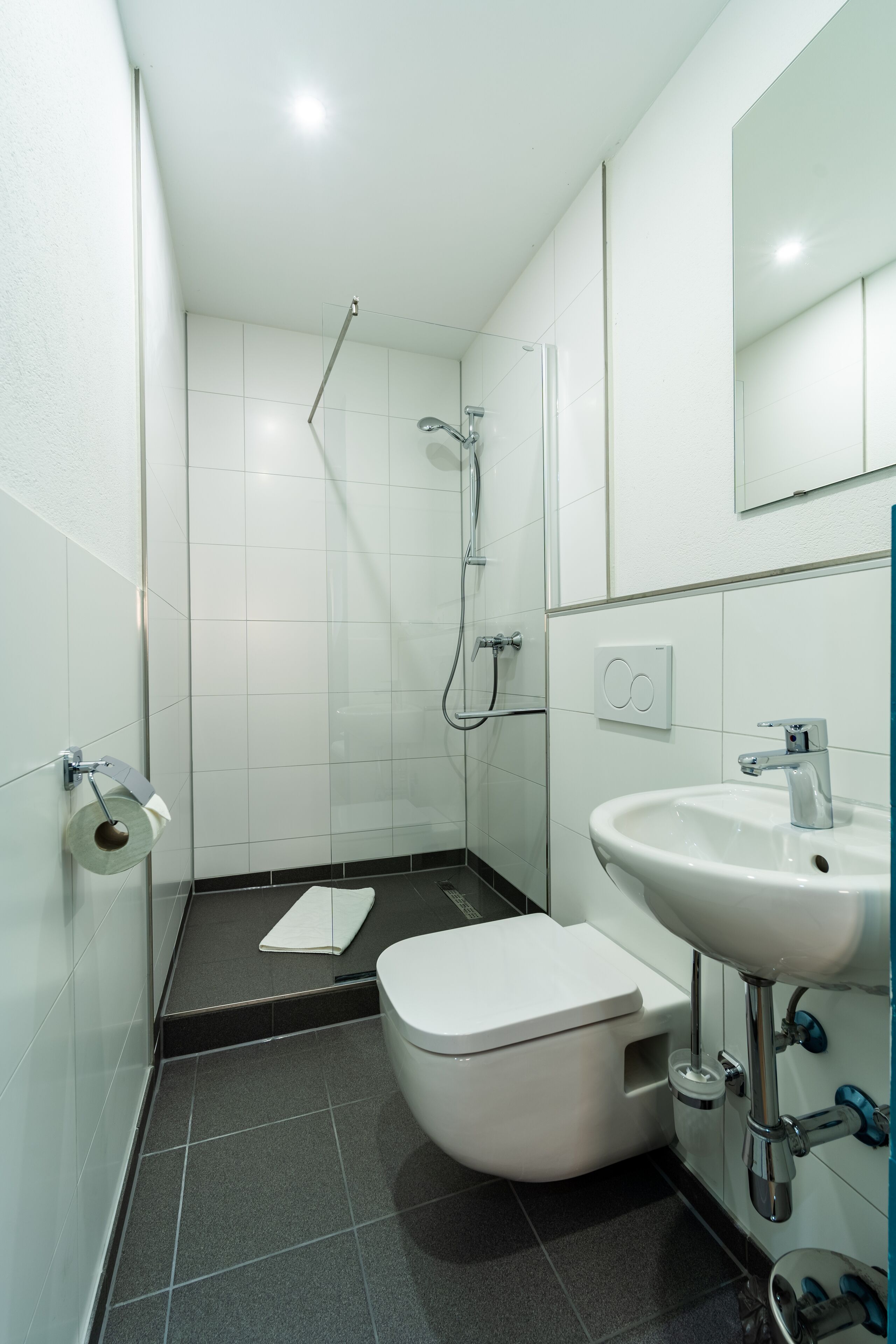 Ein modernes Badezimmer mit Toilette, Waschbecken und Dusche.