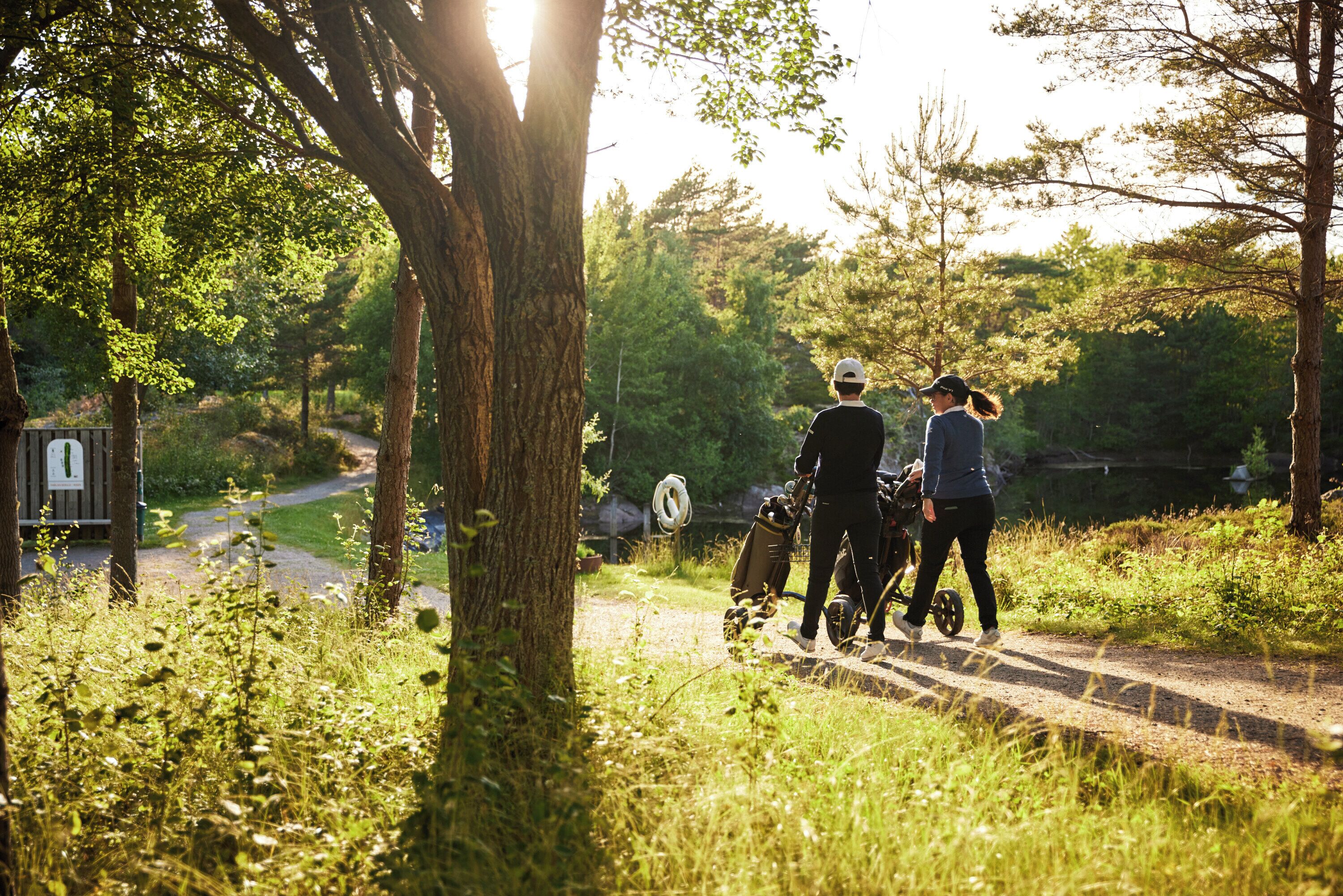 A pathway in a wooded area with a signpost and a stroller.