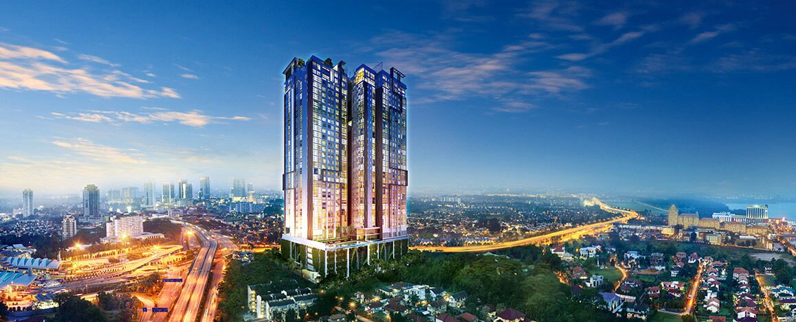 A high-rise building with multiple floors, surrounded by a cityscape with roads and other buildings.