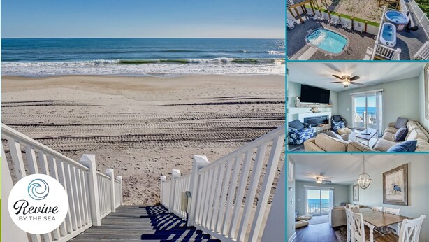 Vista a la playa, zona de piscina y sala de estar con televisor y asientos.