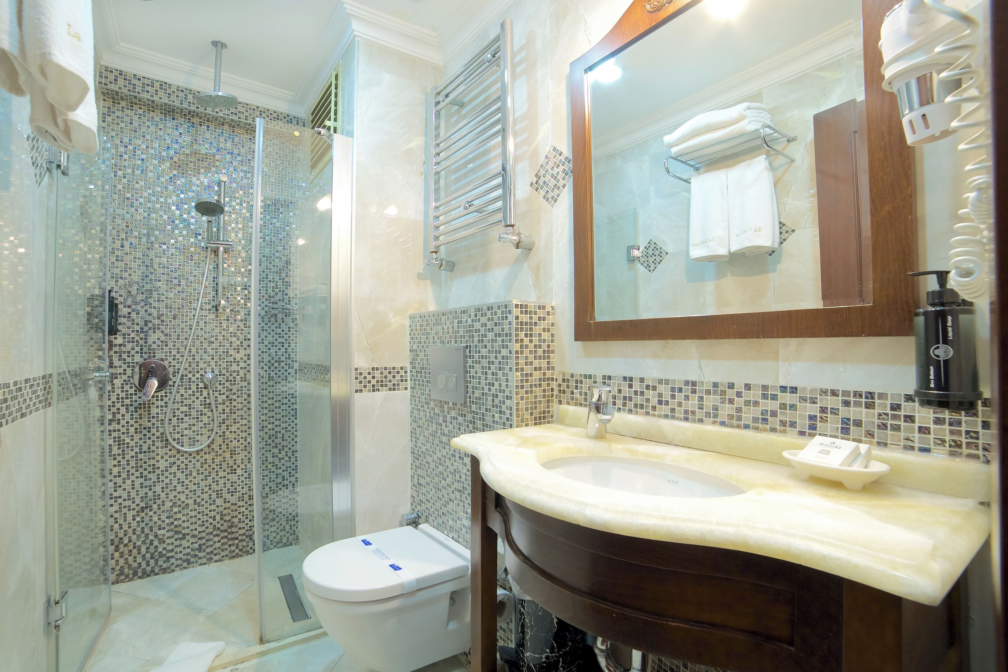 free toiletries, hair dryer, bathrobes, slippers